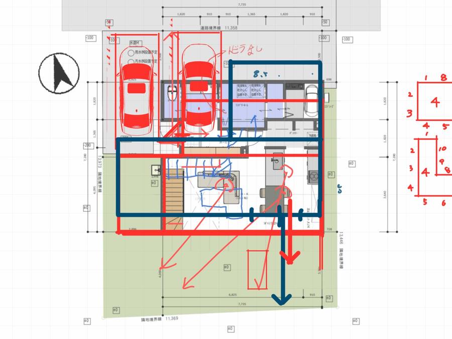 駐車場と玄関まわりに描き込みを入れた図面の例