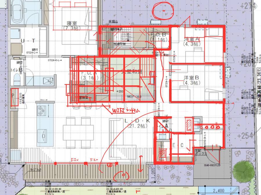 LDKと収納に描き込みを入れた図面の例